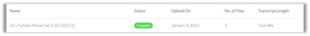 Table row in the Transcriber AI application under 'My Transcripts,' displaying information for a transcript named 'US v Fundis: Phone Call 4-20-2022 (1).' The transcript's status is marked as 'Complete' with a green label, uploaded on January 4, 2024, containing 1 file, and a transcript length of '11m 38s.'
