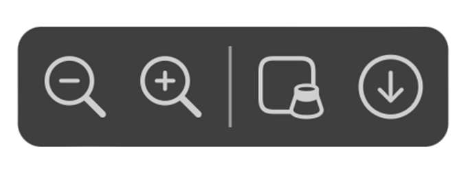 Toolbar interface featuring four icons: a magnifying glass with a minus sign to zoom out, a magnifying glass with a plus sign to zoom in, a separator line, an icon resembling a square with a fill to toggle background or highlight mode, and a downward arrow to download or save.