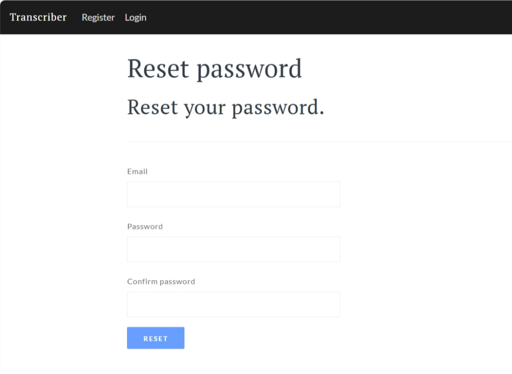 Reset your password screen with email, password, and confirm password fields