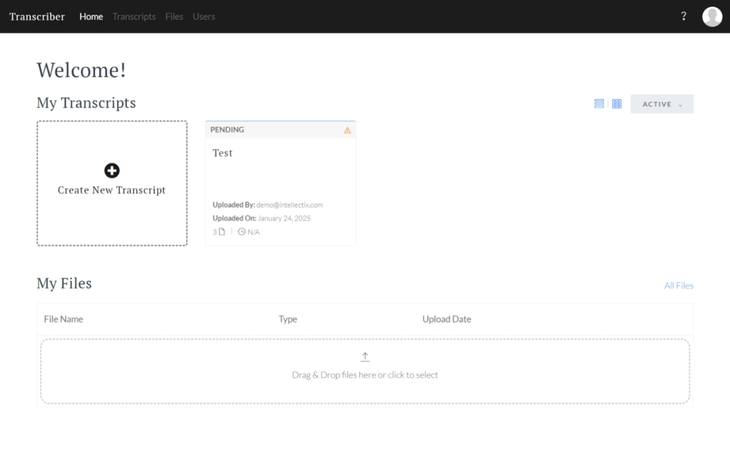 Dashboard with Create New Transcript button