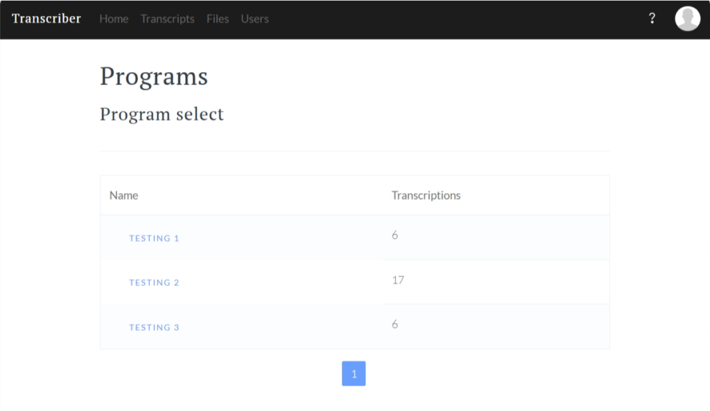 Programs page with list of programs to select