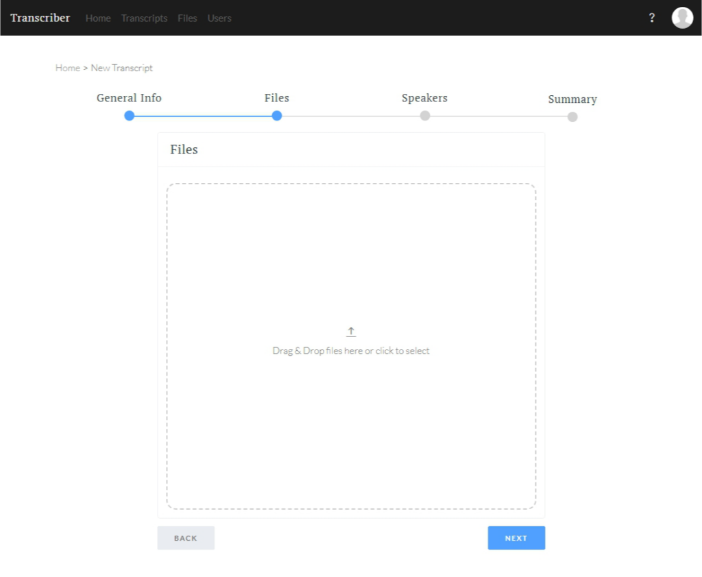 Files page with drag and drop place for files